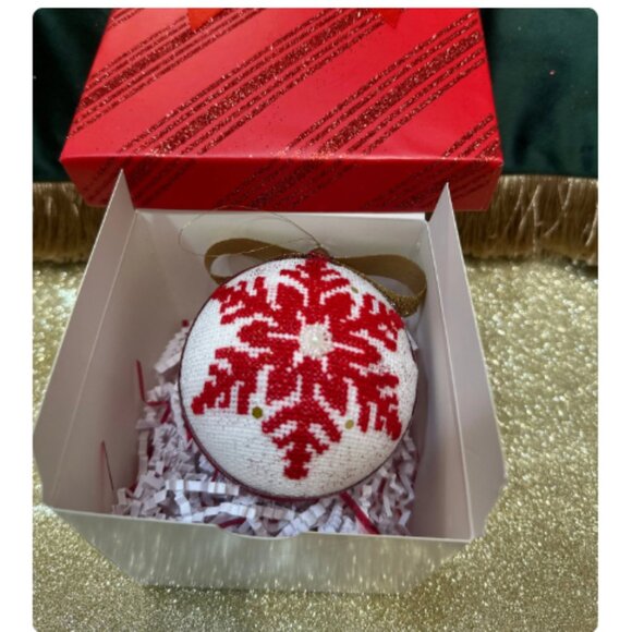 Handmade Christmas Ornament with Red Cross-Stitch Snowflake – Holiday Tree Decor - Picture 4 of 6